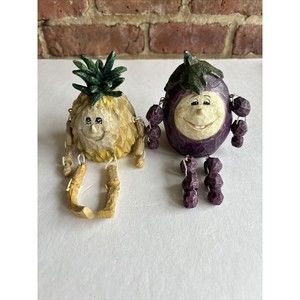 Vintage Set of 2 anthropomorphic Fruit Shelf Sitters Grape & Pineapple